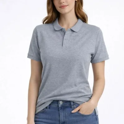 Damski Szary Regular Pike Tkanina Krótki Rękaw Polo Kołnierz T-shirt 4