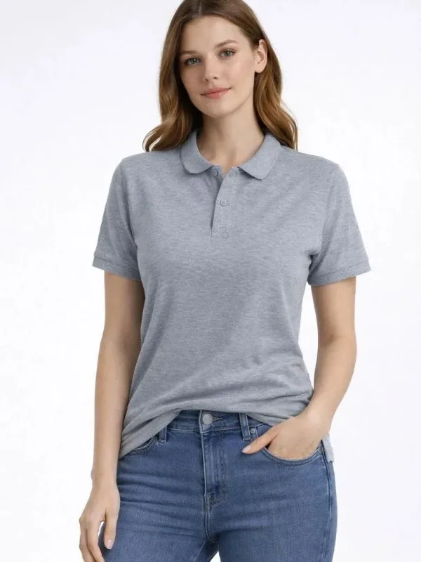 Damski Szary Regular Pike Tkanina Krótki Rękaw Polo Kołnierz T-shirt 4