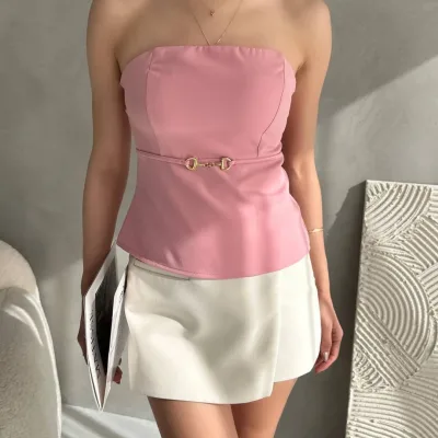 Bluzë Crepe Strapless me Detaje Kapëse në Bel Pluhur 4