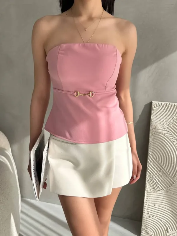 Bluzë Crepe Strapless me Detaje Kapëse në Bel Pluhur 4