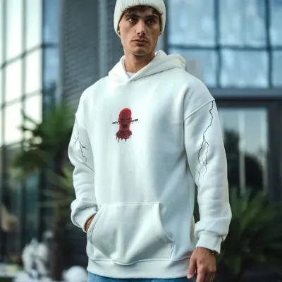 Muška bijela 3 niti pamučna kapuljača tiskani džep klokana sweatshirt 3