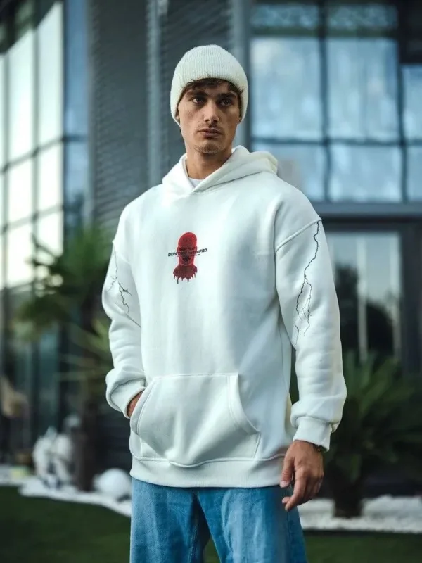 Muška bijela 3 niti pamučna kapuljača tiskani džep klokana sweatshirt 3