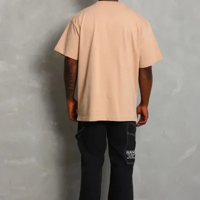 Ανδρικό Μπεζ Oversize Στρογγυλή Λαιμόκοψη Απλό Καλοκαιρινό Μπλουζάκι 2
