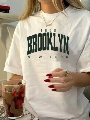 Női fehér kerékpáros nyakú Brooklyn nyomott rövid ujjú póló