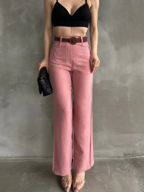 Belted Linen Pants Powder 5