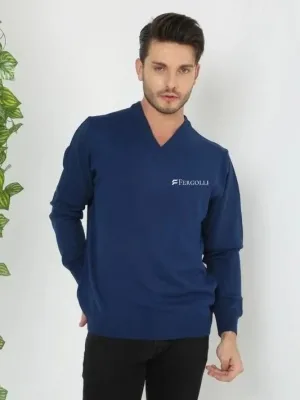 Muški indigo V-izrez tiskani pleteni džemper