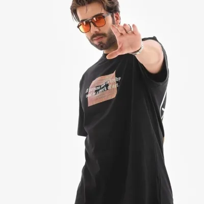 Muški crni regular fit biciklistički ovratnik s printom majica 4