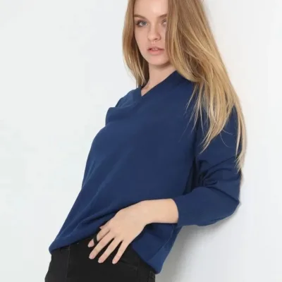 Women's Indigo Long Sleeve V-Neck Cotton Knit Sweater 1