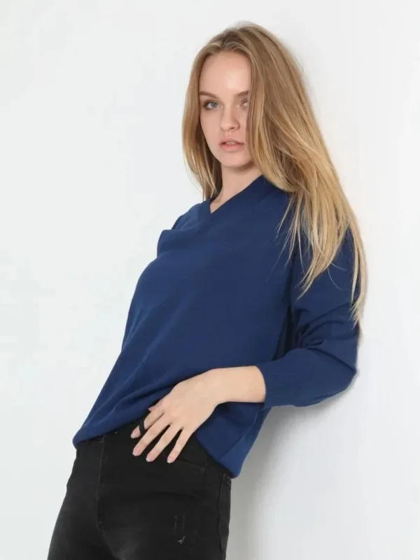 Women's Indigo Long Sleeve V-Neck Cotton Knit Sweater 1