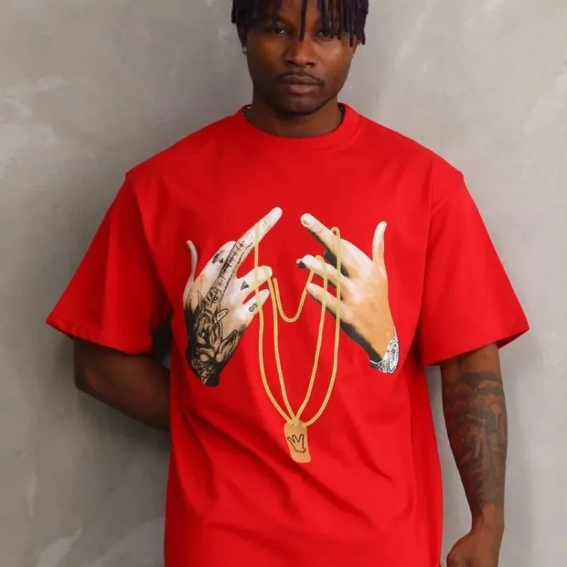 Men's Red Oversize Crew Neck Printed T-Shirt