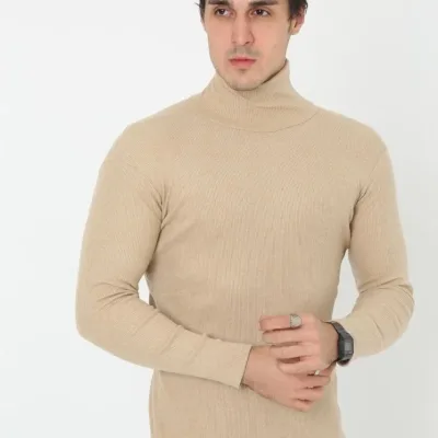 Pánské béžové slim fit lycrové žebrované rolák body 1