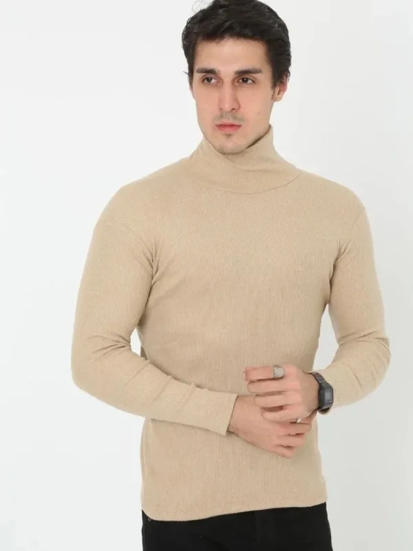 Erkek Bej Slim Fit Likralı Boğazlı Fitilli Body