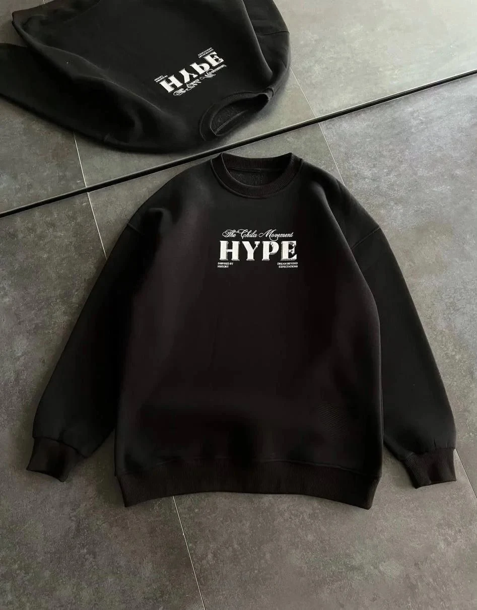 Women's Black Oversized 3-Thread Cotton Scoop Neck Printed Sweatshirt