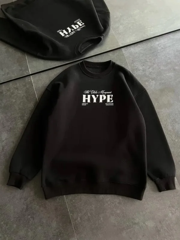 Damski Czarny Oversize 3-nitkowy Bawełniany Okrągły Dekolt Nadruk Sweatshirt 1