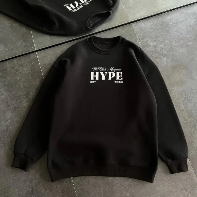 Kadın Siyah Oversize 3 İplik Pamuklu Bisiklet Yaka Baskılı Sweatshirt