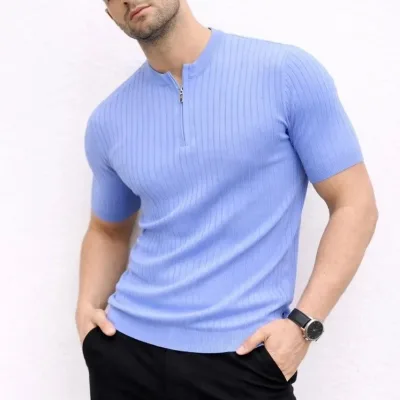 Men's Baby Blue Ribbed Mandarin Collar Short Sleeve Knit T-Shirt 1