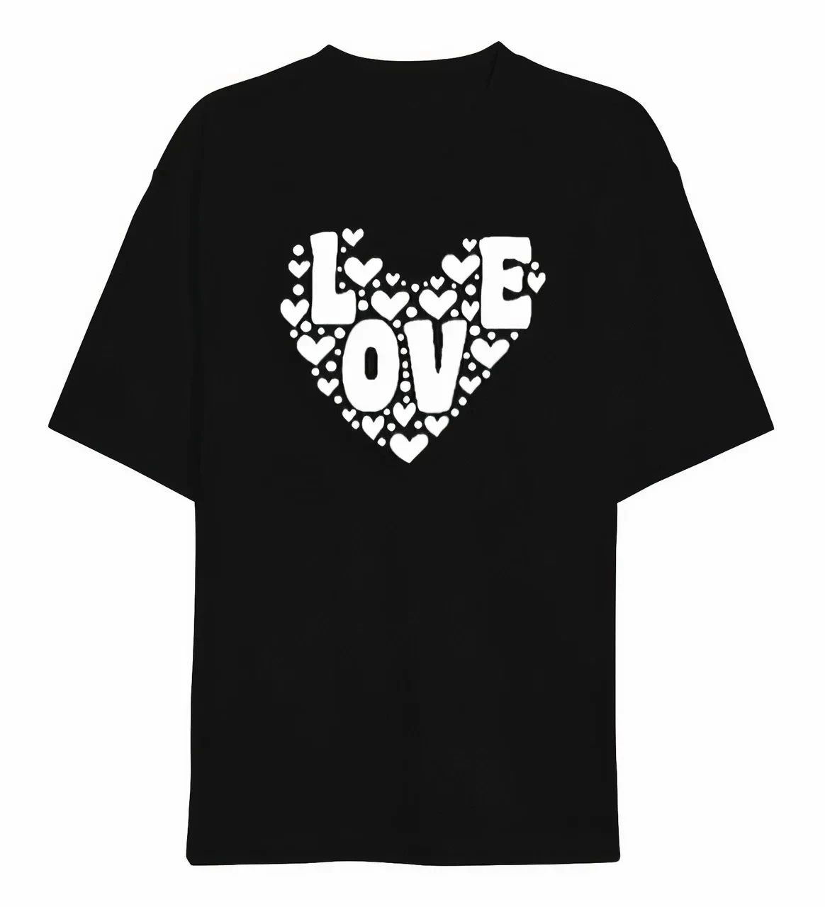 Tîşorta Mêran a Reş a Oversize Bi Stûyê Bisîkletê û Çapa Love û Dil