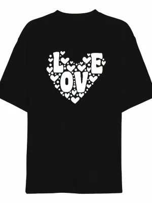 Tîşorta Mêran a Reş a Oversize Bi Stûyê Bisîkletê û Çapa Love û Dil