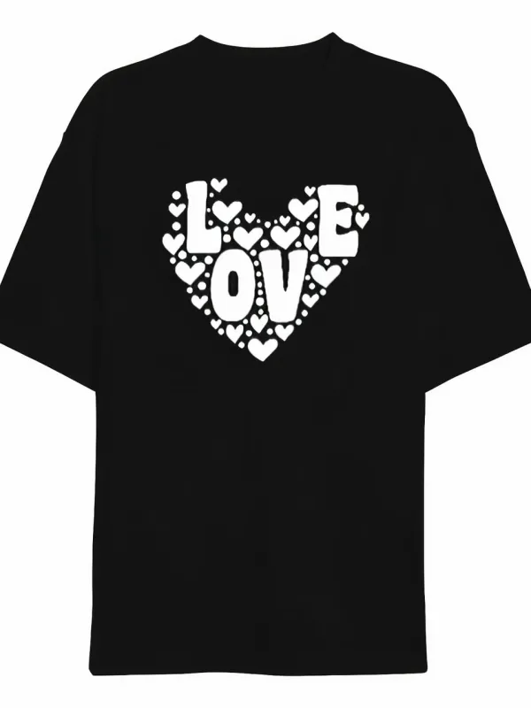 მამაკაცის შავი Oversize Love გულის პრინტიანი ველოსიპედის საყელო მაისური 1