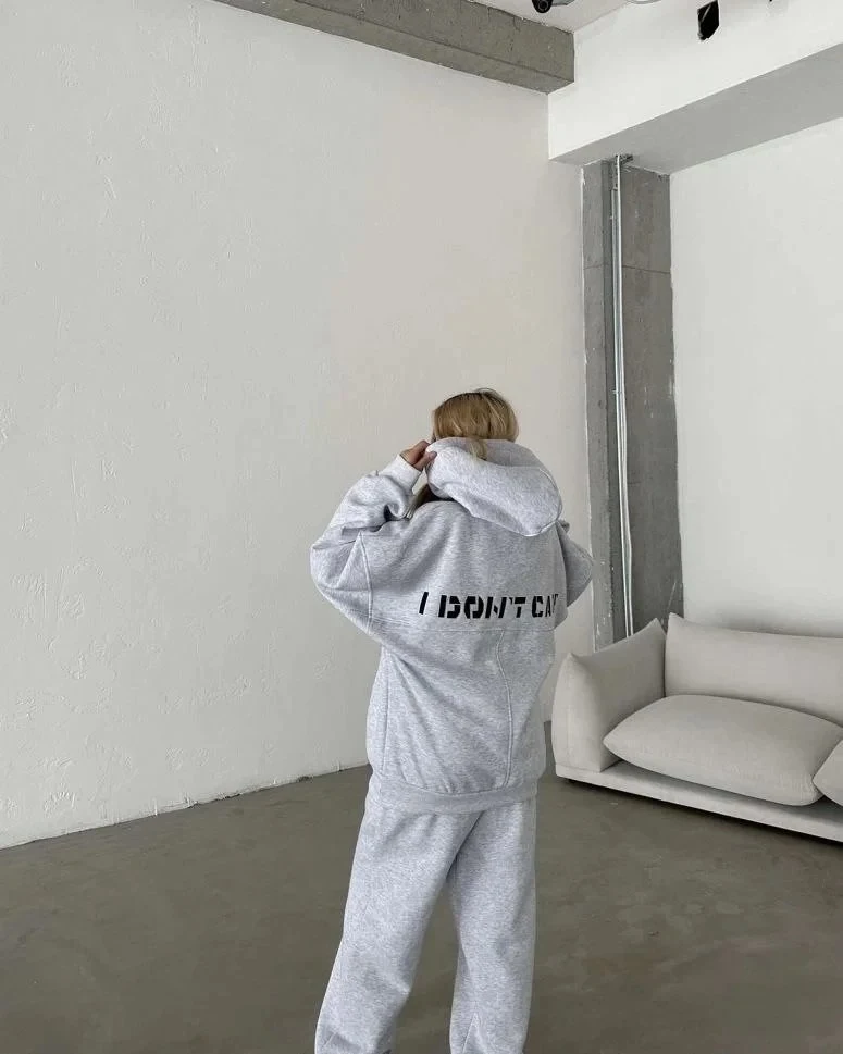 Women's Grey Embroidered 3-Thread Cotton Tracksuit Set