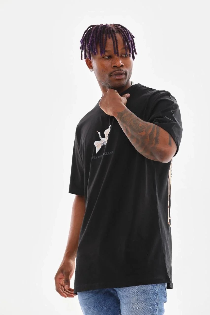Ανδρικό Μαύρο Ποδηλατόλαιμο Τυπωμένο Oversize T-shirt 6