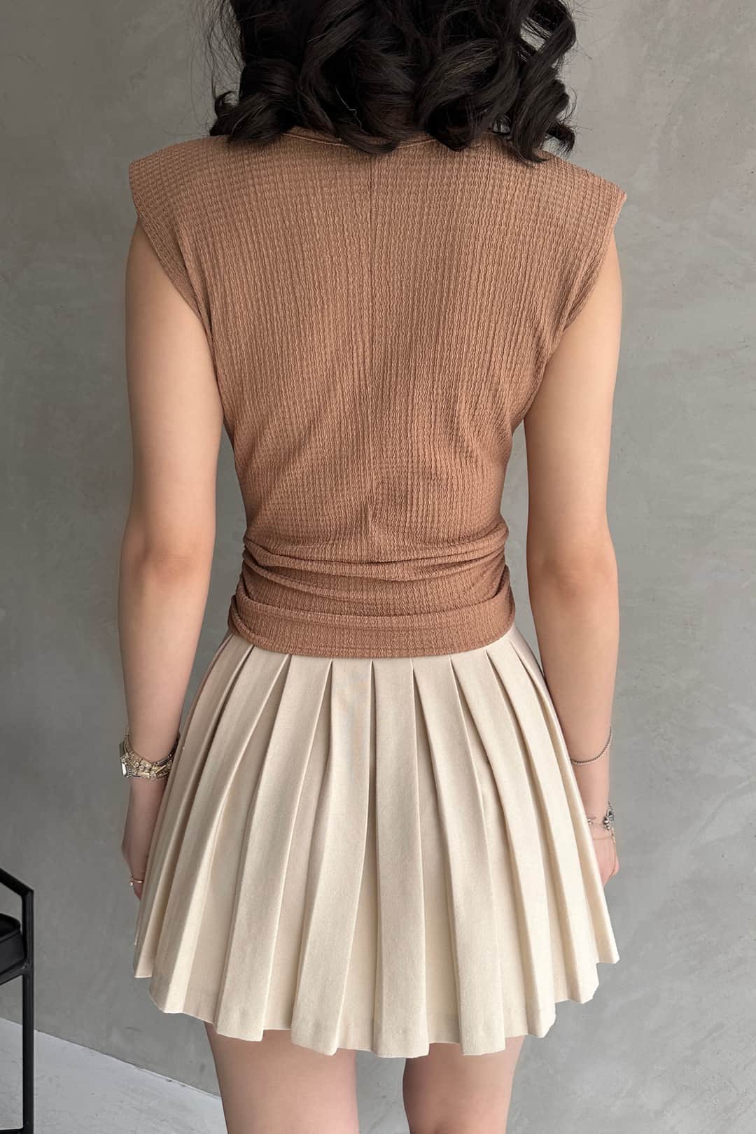 Shoulder Padded Belted Crepe Blouse Beige 4