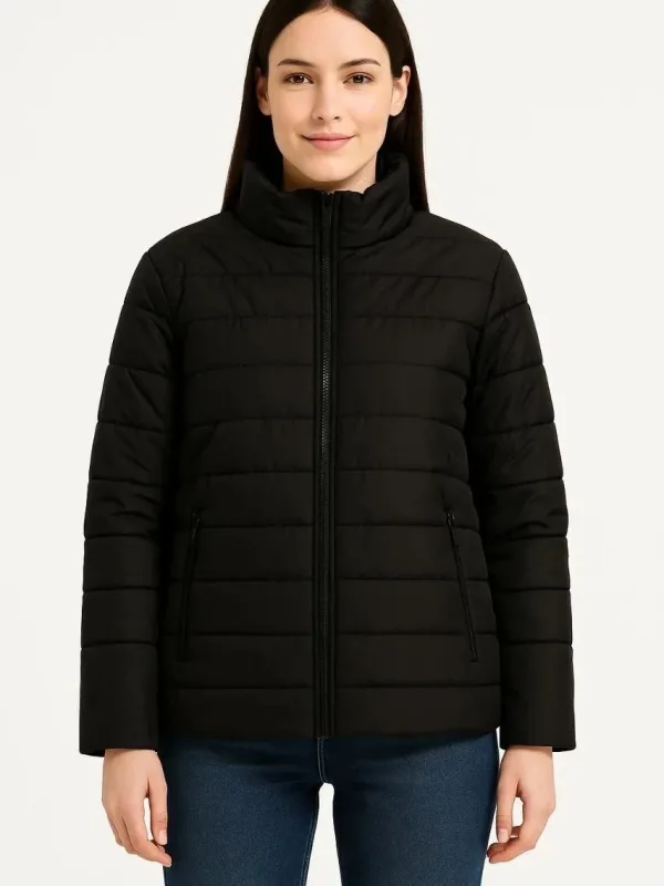 Women's Black Waterproof Quilted Lined Zippered Bomber Jacket 4