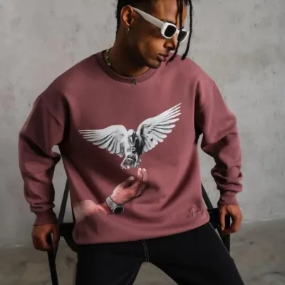 Férfi Rózsaszín Oversize Kerékpárnyakú Nyomott Sweatshirt 2
