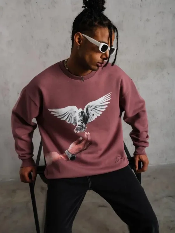 Férfi Rózsaszín Oversize Kerékpárnyakú Nyomott Sweatshirt 2