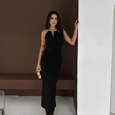 Ženska Crna Prorez Leđa Izrez Elegantna Duga Večernja Haljina 5