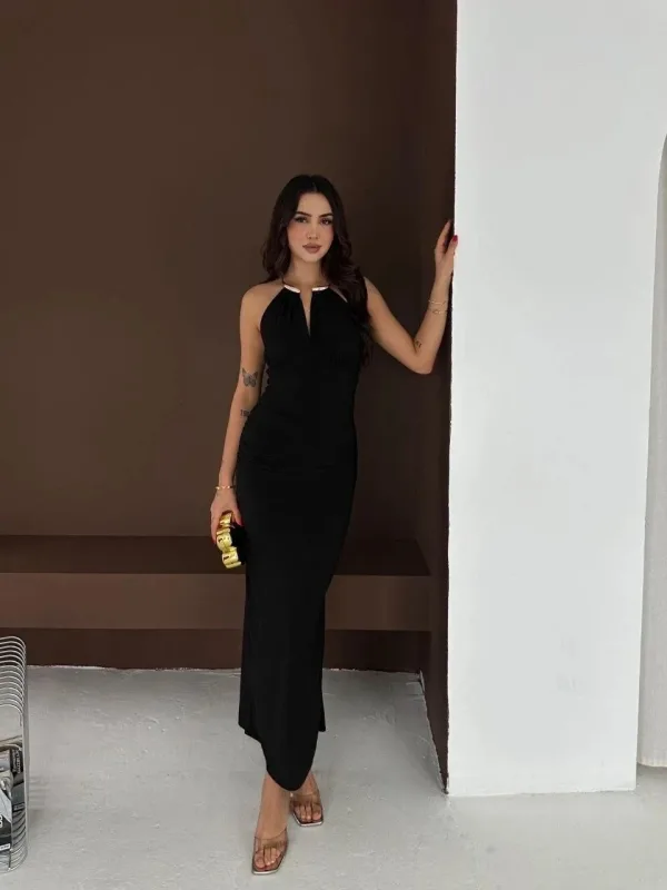 Ženska Crna Prorez Leđa Izrez Elegantna Duga Večernja Haljina 5