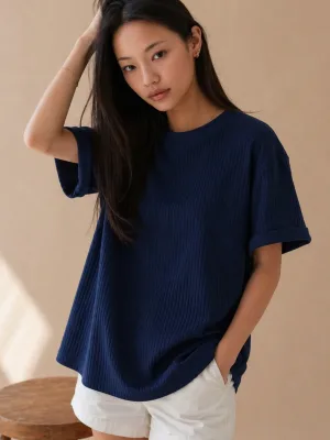 Qadın Tünd Göy Ribana Oversize T-shirt %100 Pambıq Geniş Kəsik
