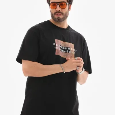 Muški crni regular fit biciklistički ovratnik s printom majica 2