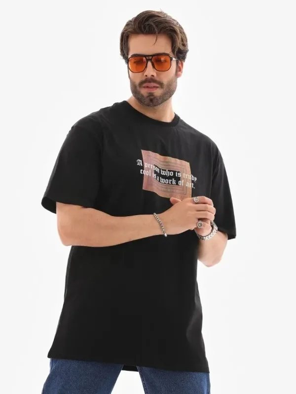 Muški crni regular fit biciklistički ovratnik s printom majica 2