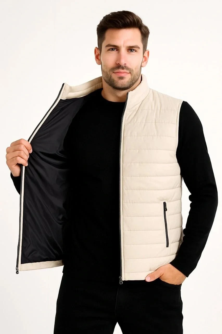 Vest for Men, Beige, Waterproof, Zippered, Quilted, Puffy