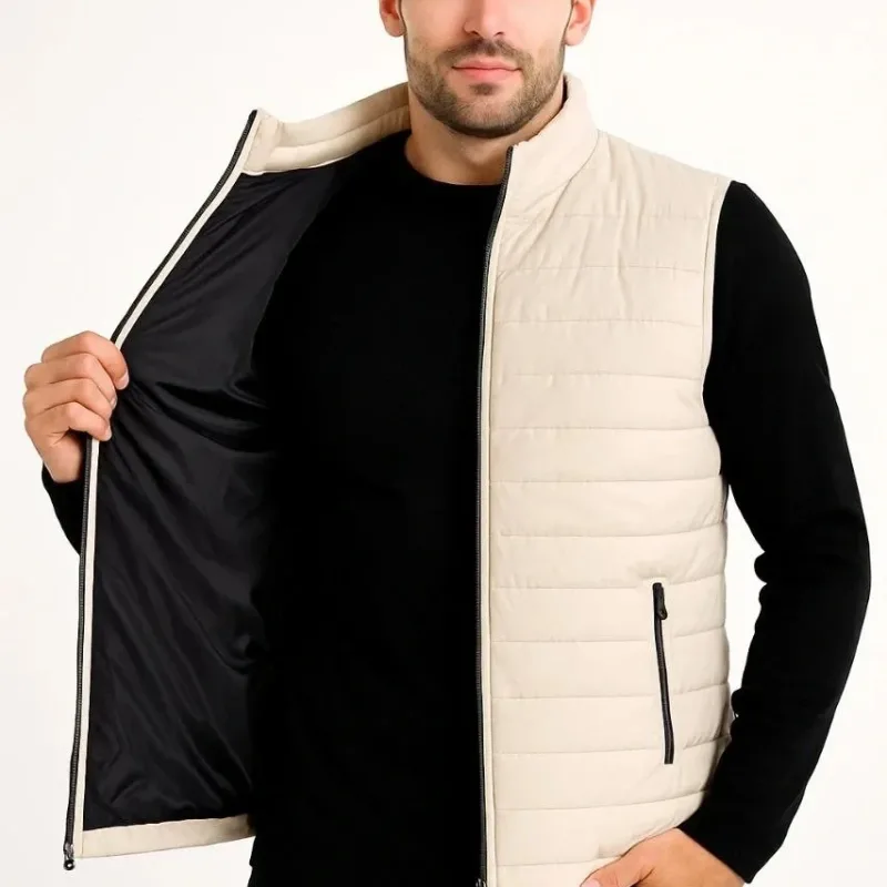 Men's Beige Waterproof Zippered Quilted Puffer Vest