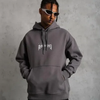 Bărbați Gri Oversize 3 Fire Bumbac Capușon Imprimat Sweatshirt 4