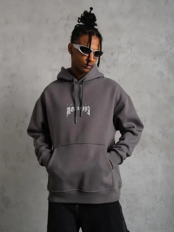 Bărbați Gri Oversize 3 Fire Bumbac Capușon Imprimat Sweatshirt 4