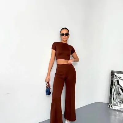 Ženski Smeđi Modal Meka Tkanina Kratki Rukav Crop Španski Porub Pantalone Komplet 1