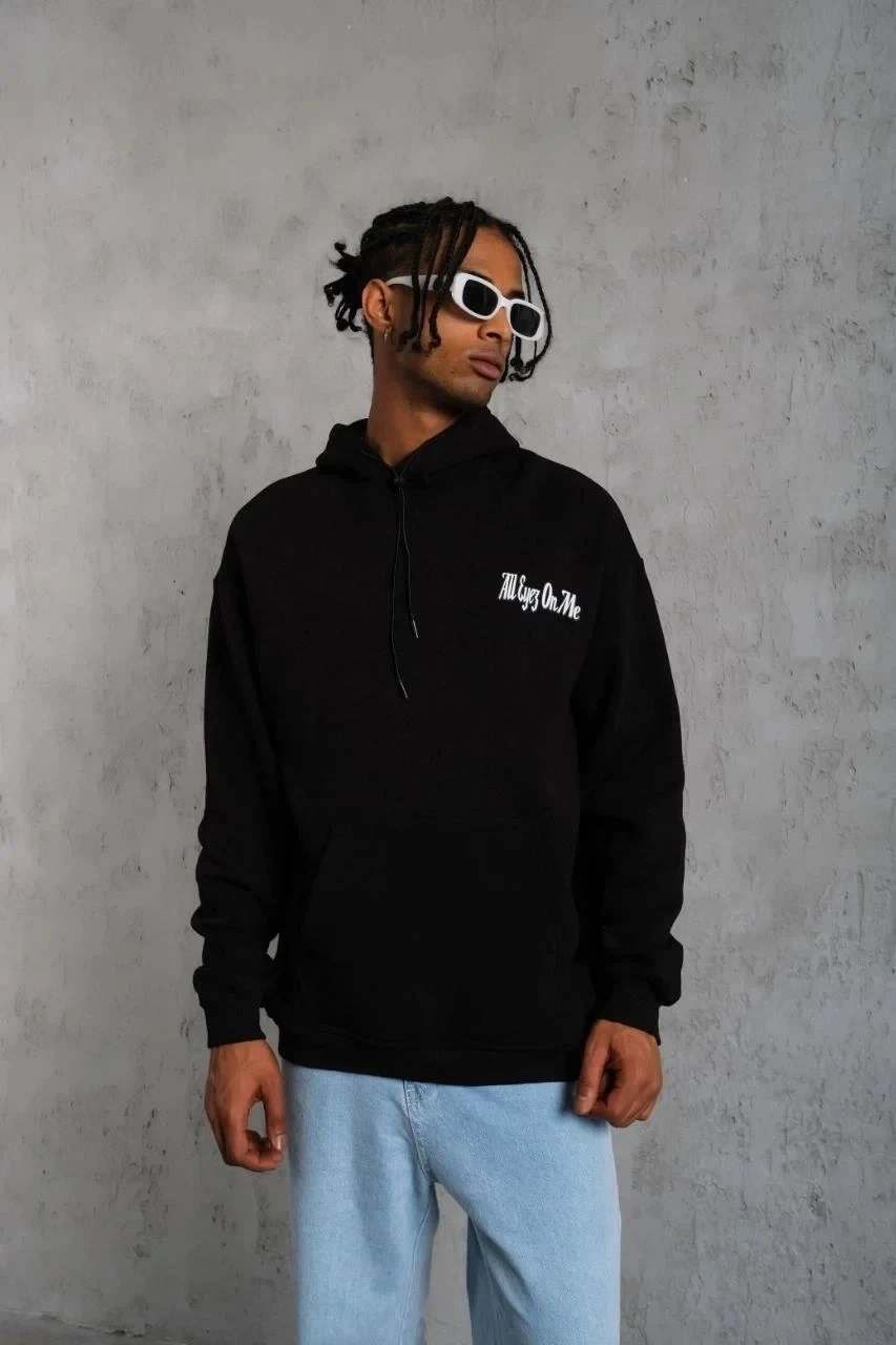 Men's Black 3-Thread Cotton Hooded Kangaroo Pocket Printed Sweatshirt
