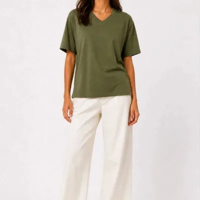 Femeie Khaki Regular Decolteu V Mânecă Scurtă Tricou Basic 2