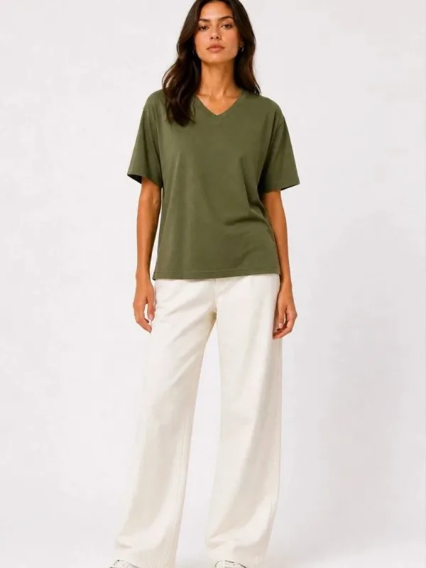 Femeie Khaki Regular Decolteu V Mânecă Scurtă Tricou Basic 2