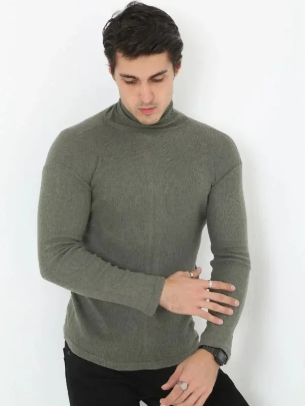 Pánské khaki slim fit lycrové kašmírové rolák body 3