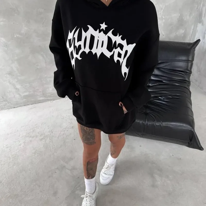 Jinê Reş Oversize Hoodî Bikapûşon Bi Cêb Çapkirî 3 Têl Pembû Sweatshirt