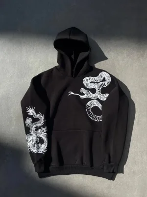 Ženska crna oversize kapuljača s džepovima s printom pamučna hoodie
