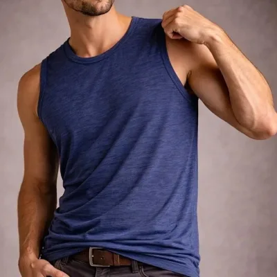 Men's Indigo Flannel Fabric Sleeveless Vest Daily Sports T-Shirt 1