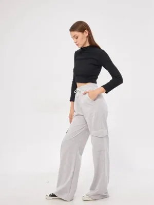Ženska siva oversize široka nogavica kargo džepovi palazzo pantalone