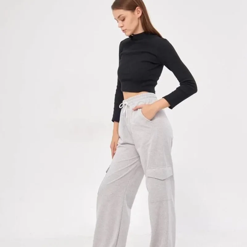 Ženska siva oversize široka nogavica kargo džepovi palazzo pantalone