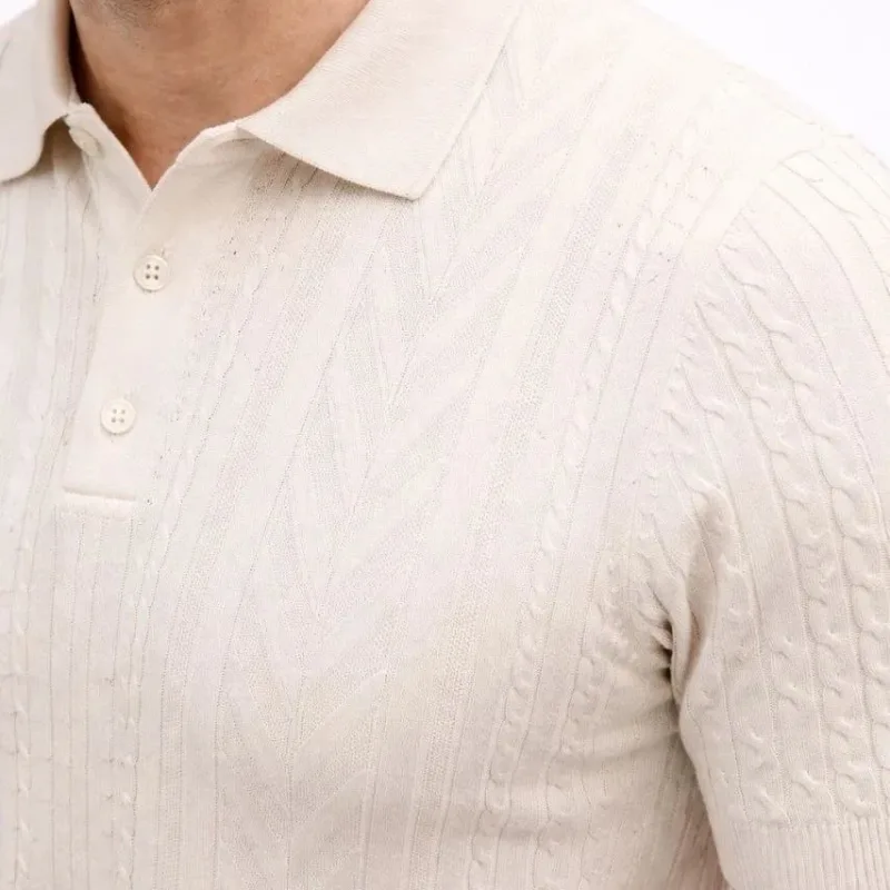 Męski Kremowy Polo Z Guzikami Krótki Rękaw Sweter