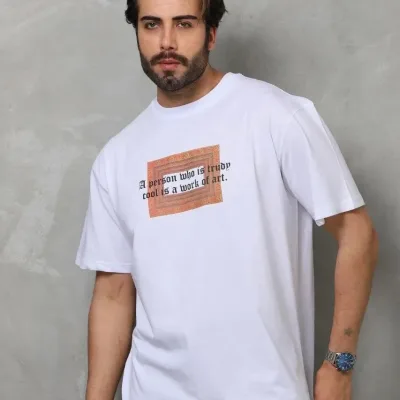 Λευκό Ανδρικό Regular Ποδήλατο Λαιμό Τυπωμένο T-shirt 7